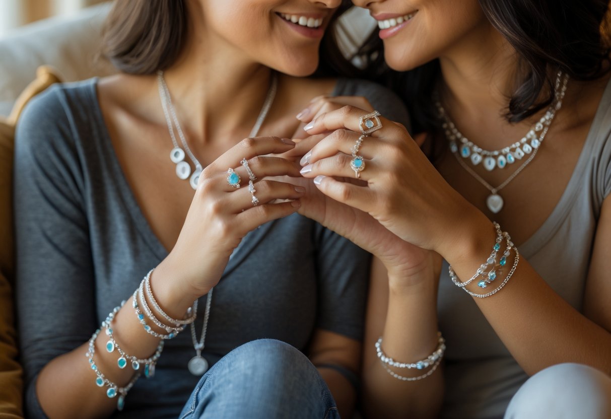 Two women sitting together, showing their matching jewelry and sharing a warm moment.