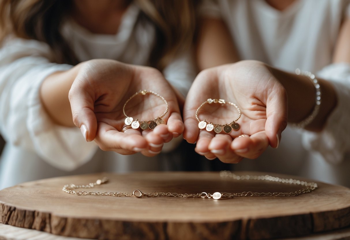 Two women’s hands gently holding matching sentimental jewelry pieces, emphasizing care and connection.