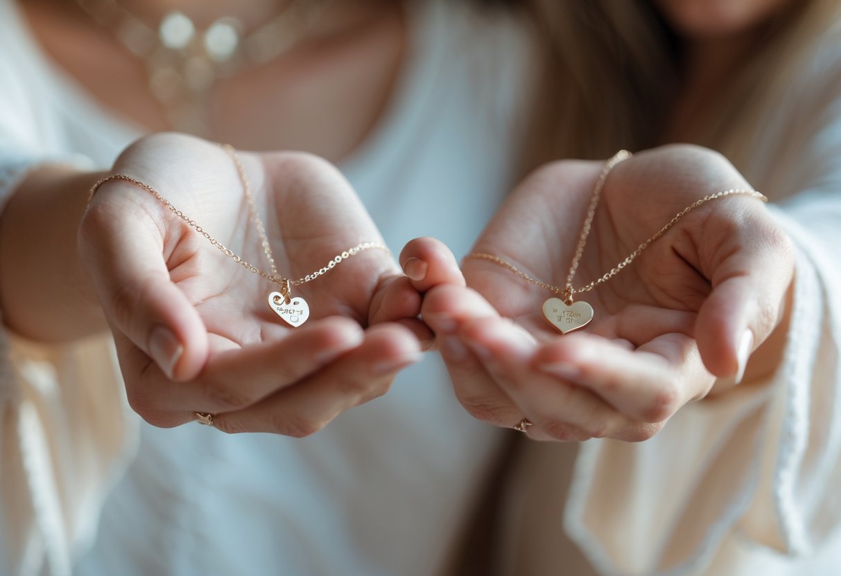 Two women holding matching jewelry pieces in their hands, showing a close and meaningful connection.