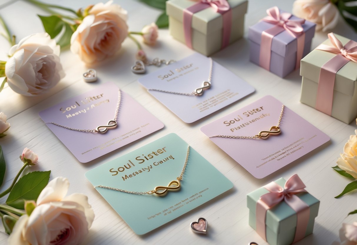 A flat lay of bracelets and necklaces with heart and infinity charms on pastel cards surrounded by flowers and gift boxes on a light wooden surface.