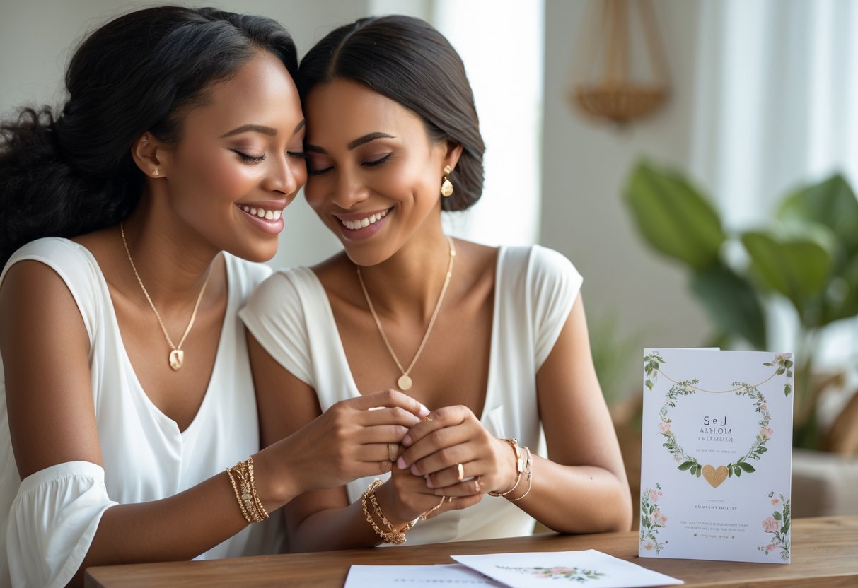 Two women sharing a joyful moment, exchanging matching jewelry and a decorative message card on a wooden table.