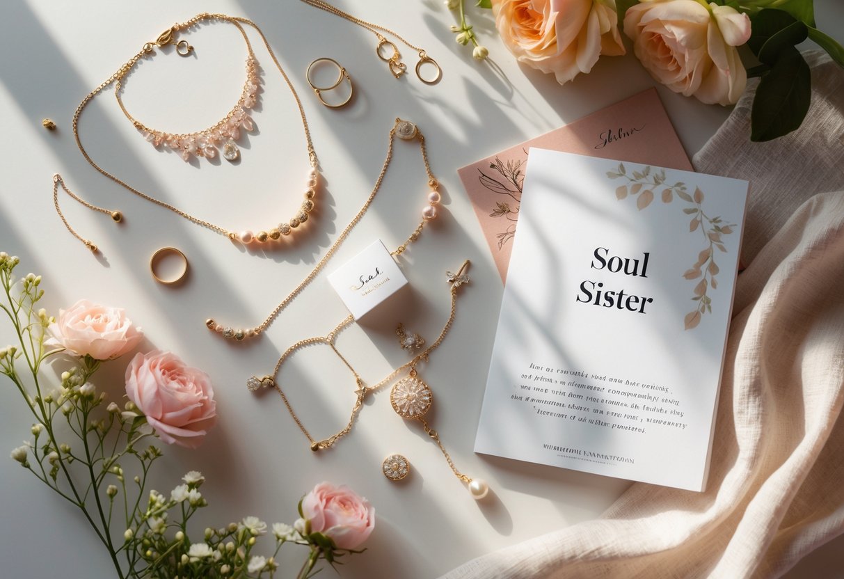 Flat lay of jewelry pieces arranged next to decorative message cards with flowers and soft fabric on a neutral background.