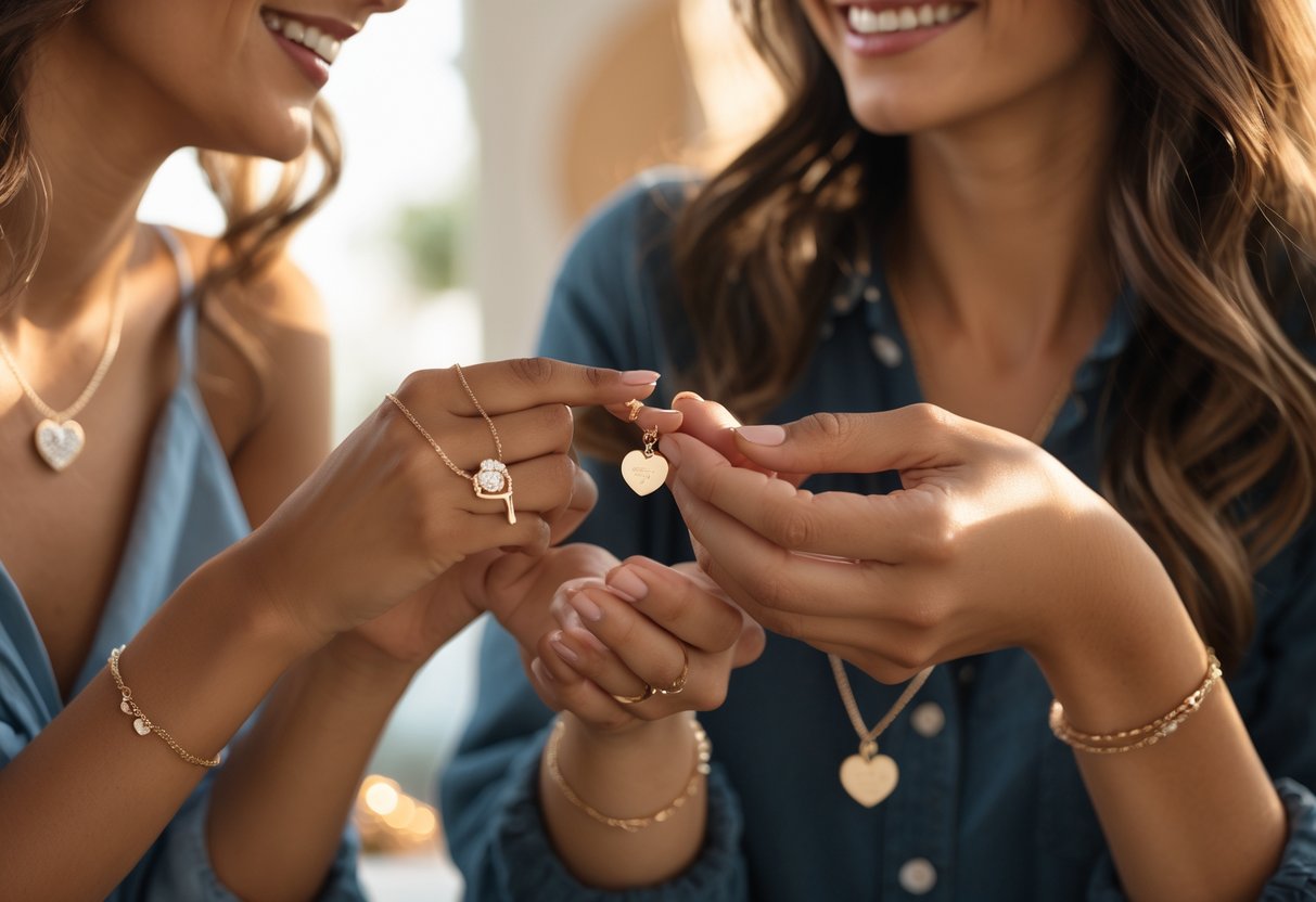 Two women exchanging a delicate necklace, showing their close friendship and emotional connection.