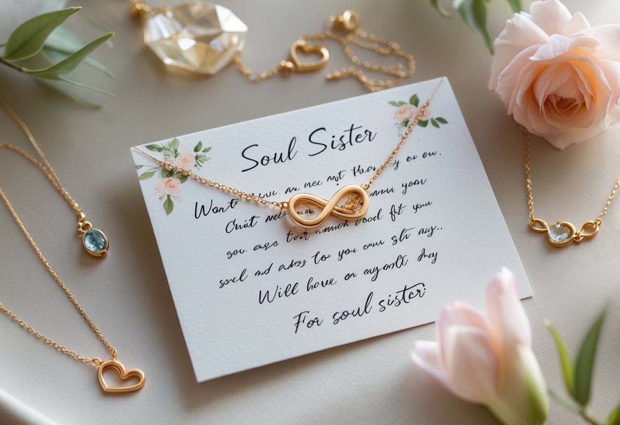 A flat lay of a heartfelt message card surrounded by matching bracelets and necklaces on a soft surface with floral accents.