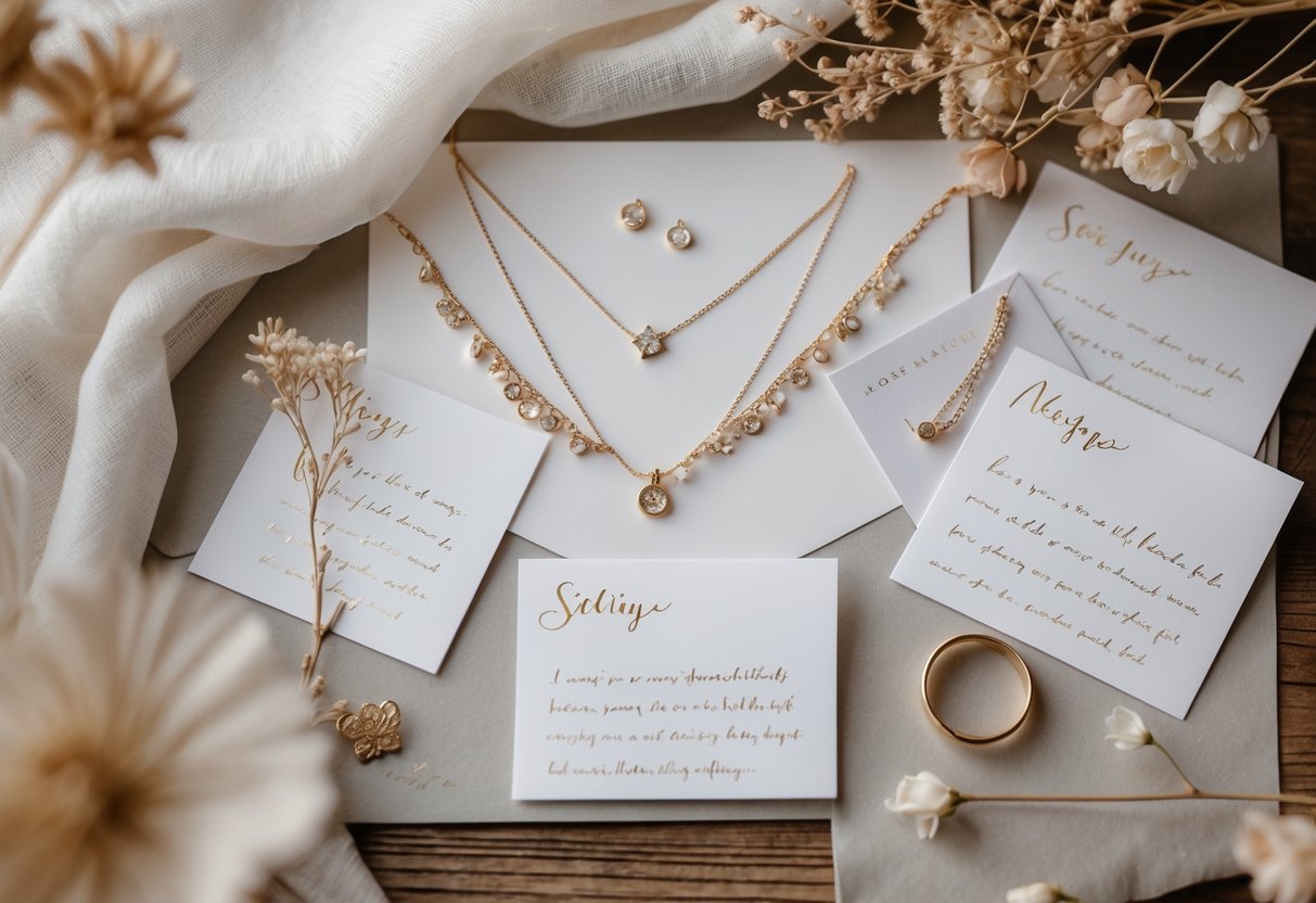Flat lay of delicate jewelry pieces paired with handwritten message cards on a wooden surface with dried flowers and soft fabric.