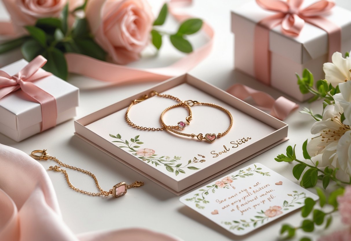 Two matching pieces of jewelry displayed with decorative message cards and flowers, arranged as a thoughtful gift for a close friend.