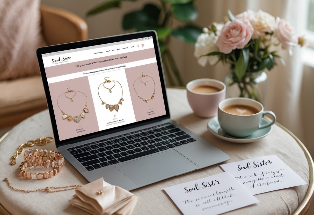 A laptop displaying soul sister jewelry online, with matching bracelets and necklaces next to handwritten message cards on a cozy table with flowers and a cup of coffee.