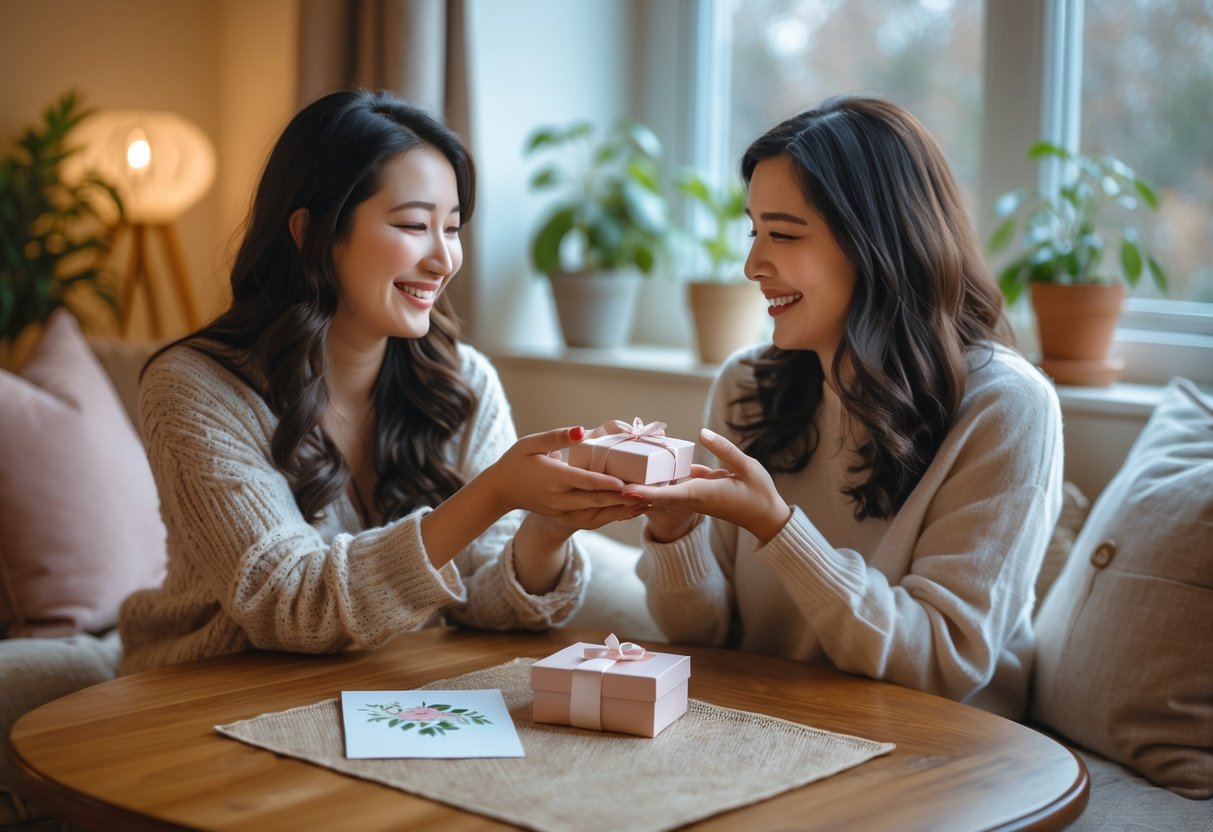 Two women sitting together at a table, one giving the other a small jewelry box while sharing a warm, happy moment.