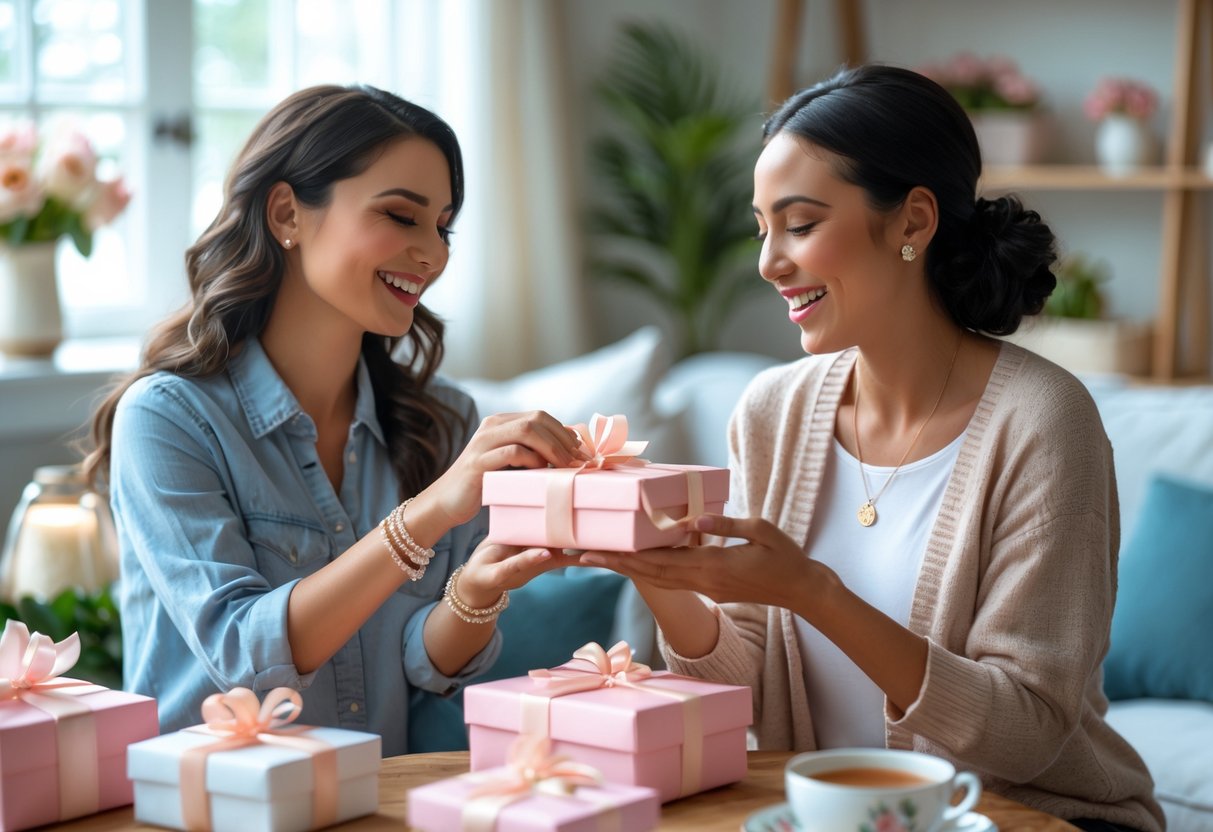 Two women smiling and exchanging a jewelry gift and message card in a cozy living room setting.