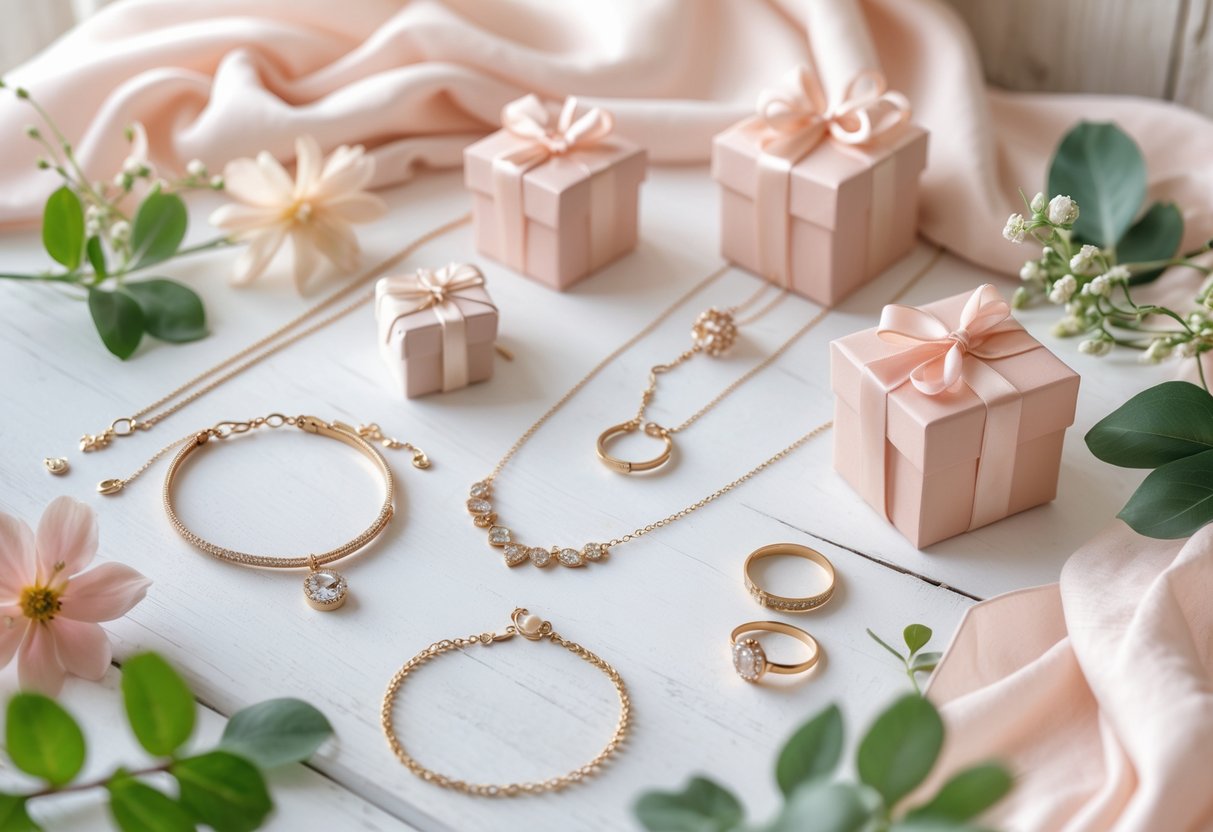 A flat lay of elegant jewelry pieces arranged with flowers and gift boxes on a white wooden surface.