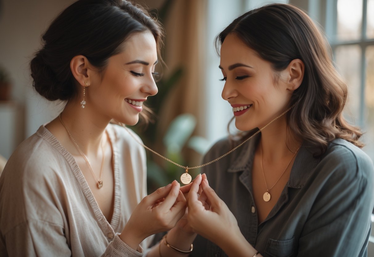 Two women sharing a special moment as one places a delicate necklace around the other's neck, symbolizing a meaningful gift between close friends.