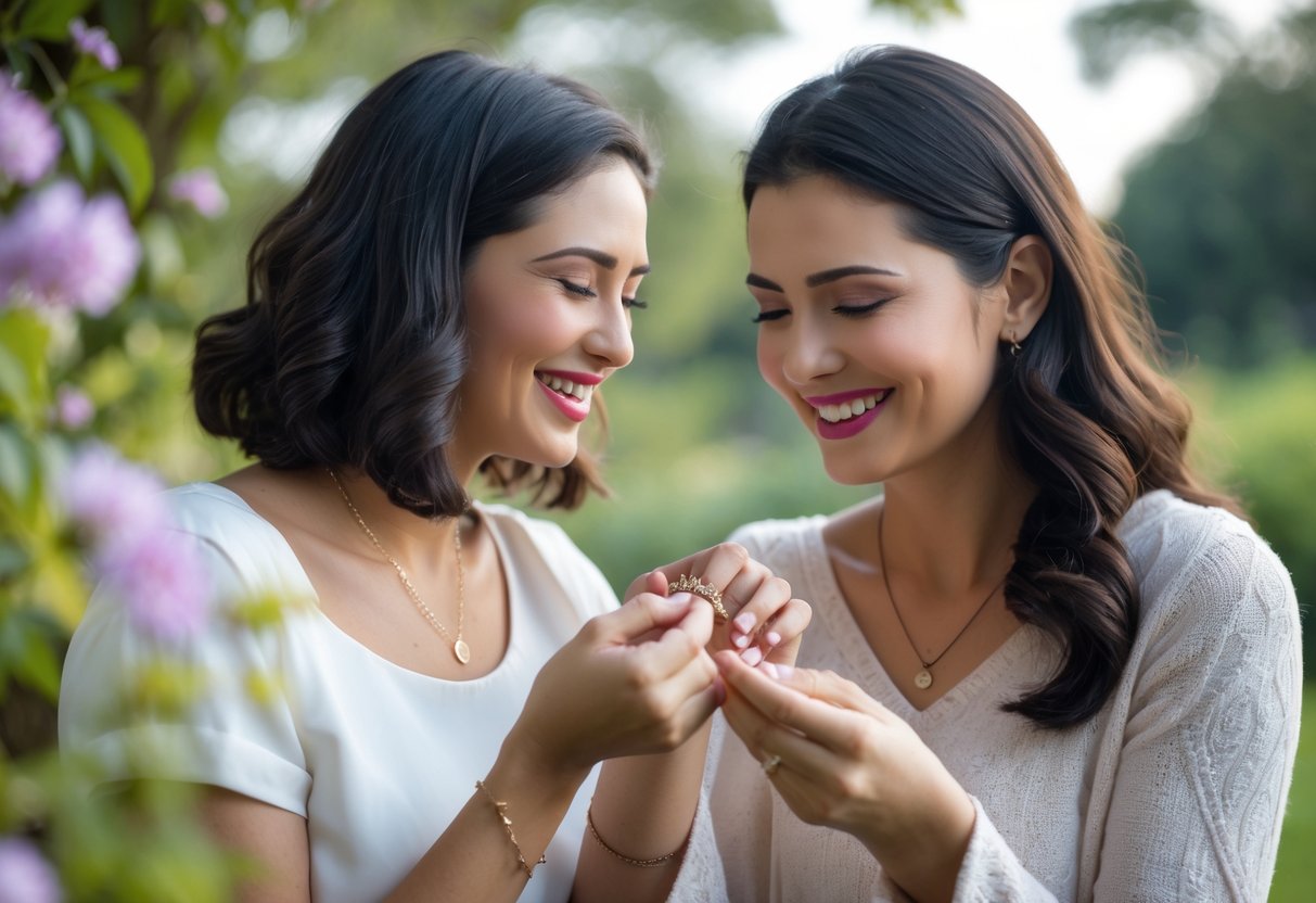 Two women outdoors exchanging a necklace, smiling warmly and sharing a special moment in a garden setting.
