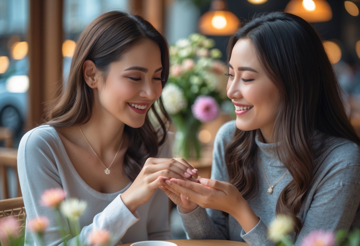 Two women sitting at a café table, one giving the other a delicate necklace as a meaningful gift, both smiling warmly.