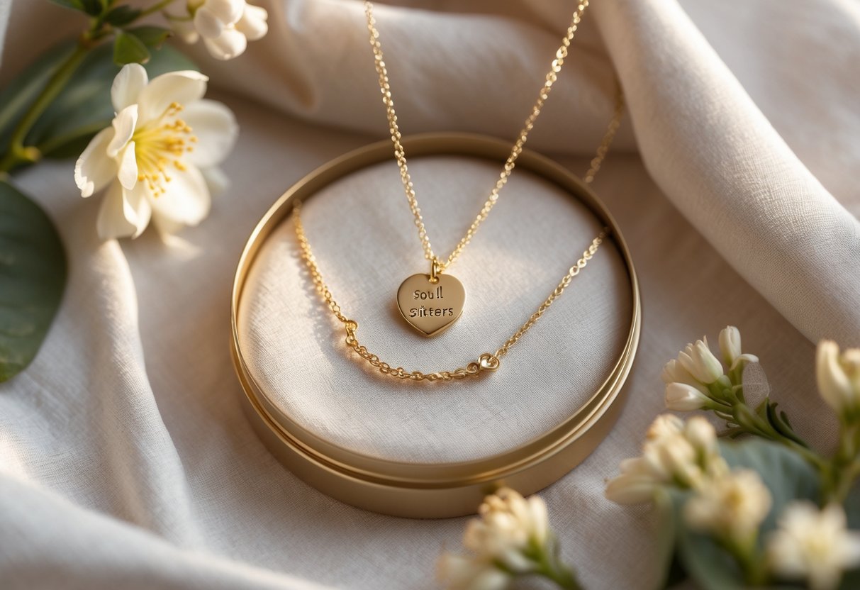 A gold necklace with a small engraved pendant displayed on soft fabric, surrounded by flowers and greenery.