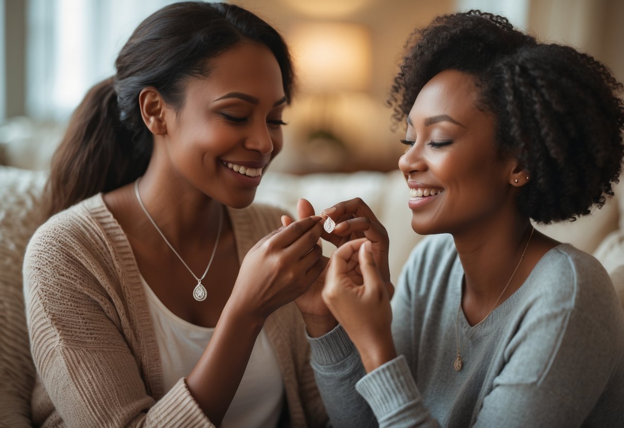 Two women sharing a warm moment as one gives the other a necklace, both smiling and showing affection.