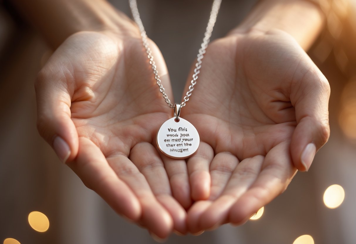 Two women holding a delicate silver necklace with a small pendant, symbolizing a close bond.