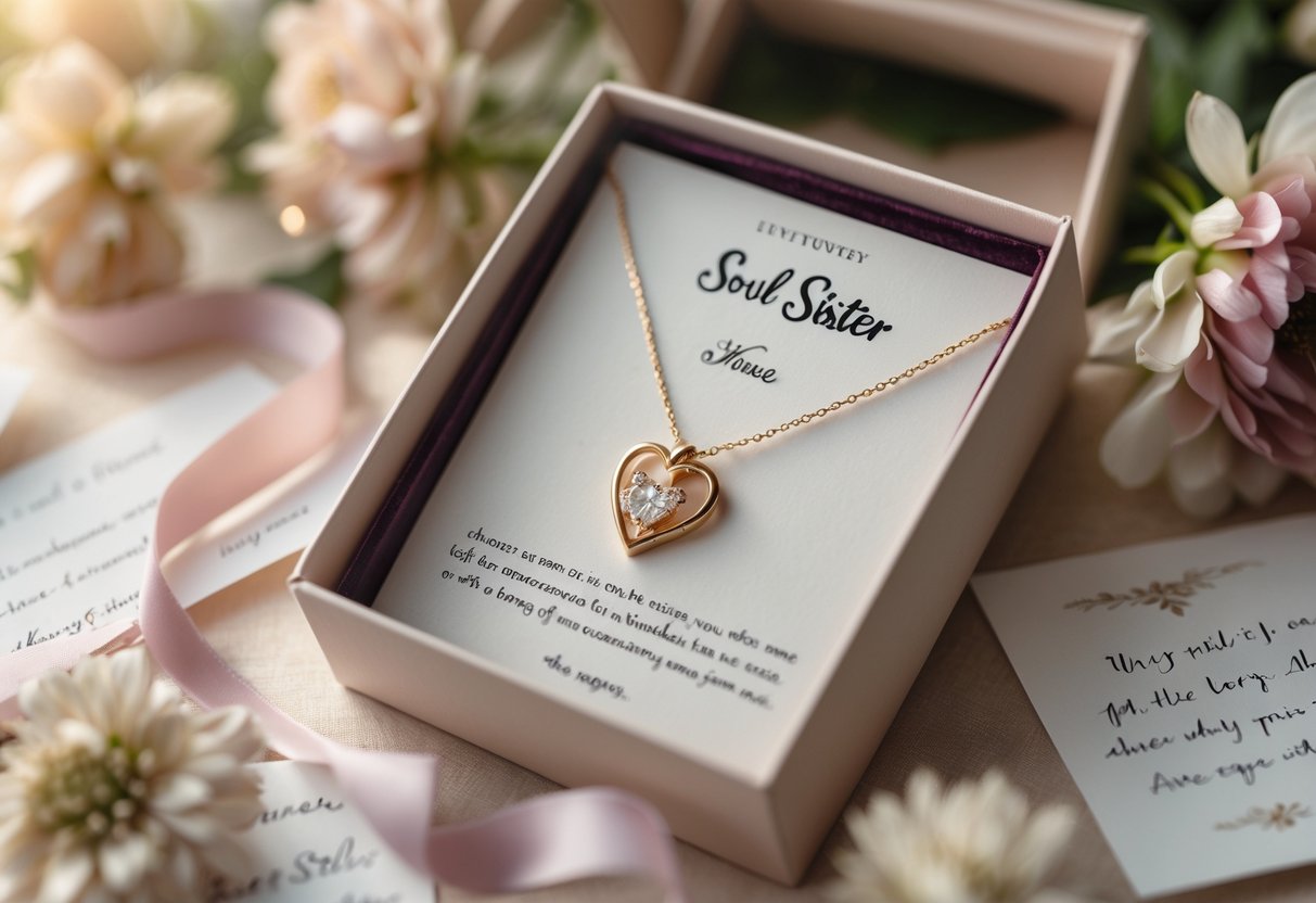 A gift box opened to reveal a delicate necklace surrounded by flowers, ribbons, and notes on a softly lit surface.