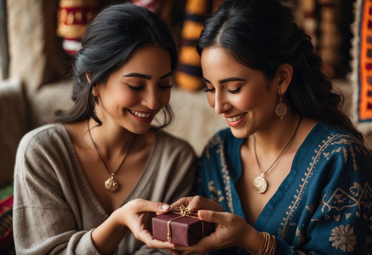 Two women exchanging a delicate necklace, sharing a warm and joyful moment together.