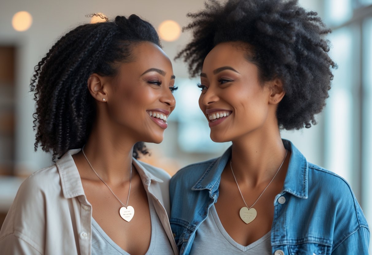 Two women smiling at each other while wearing matching necklaces symbolizing friendship.