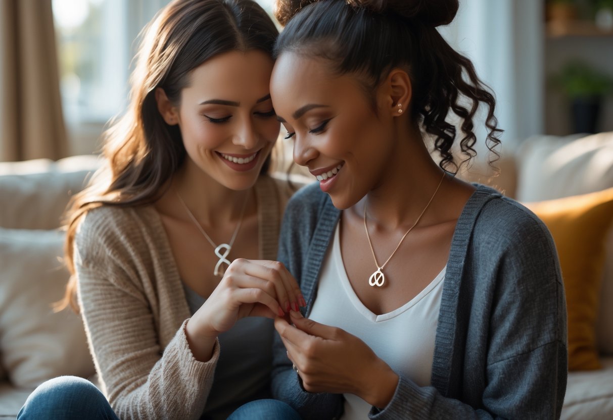 Two women sharing a heartfelt moment as one places a meaningful necklace around the other's neck in a cozy home setting.