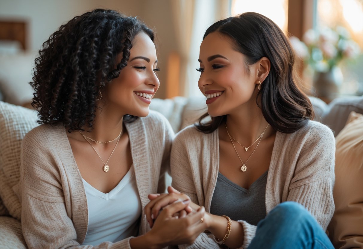 Two women sitting together, smiling and holding hands, each wearing a delicate necklace symbolizing their close friendship.