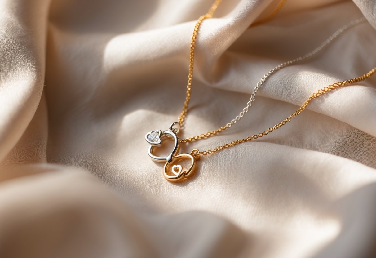 Two elegant necklaces with intertwined heart and infinity pendants resting on soft fabric.