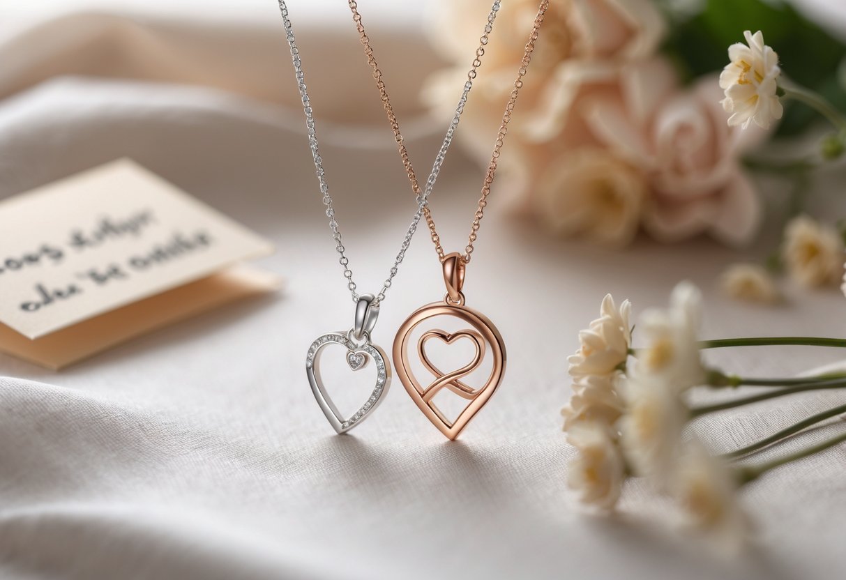 Two elegant necklaces with symbolic pendants displayed on soft fabric with flowers nearby, evoking a close emotional connection.