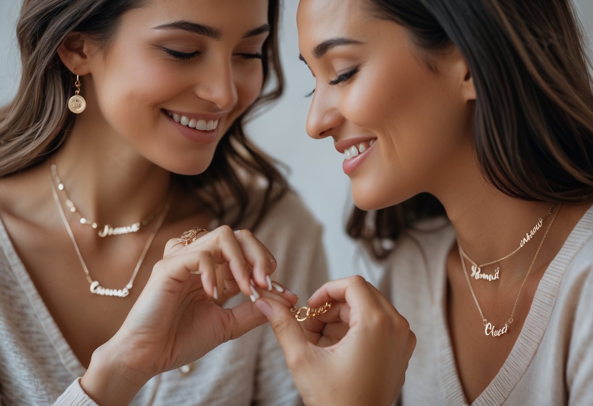 Two women sharing a warm moment while exchanging personalized message jewelry, showing close-up of delicate engraved necklaces and bracelets.