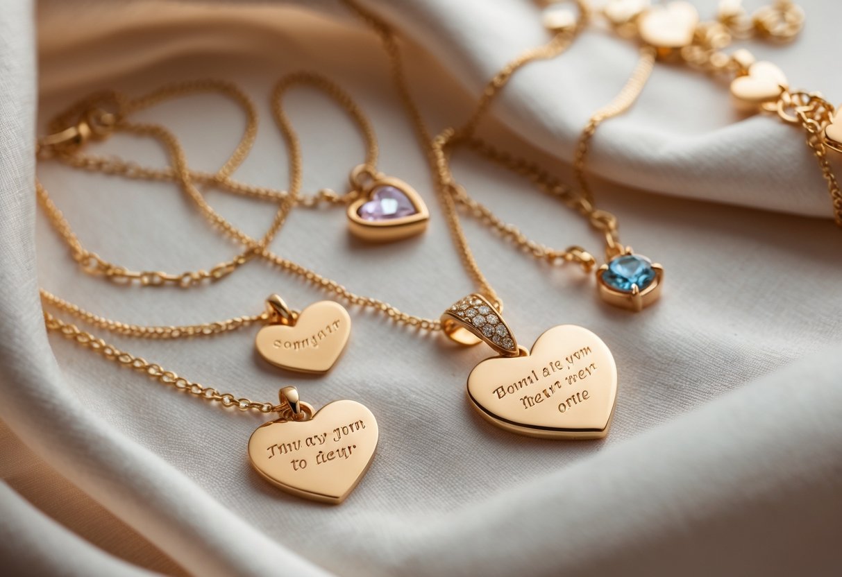 Close-up of heart-shaped pendants and bracelets arranged on soft fabric, symbolizing meaningful connections.