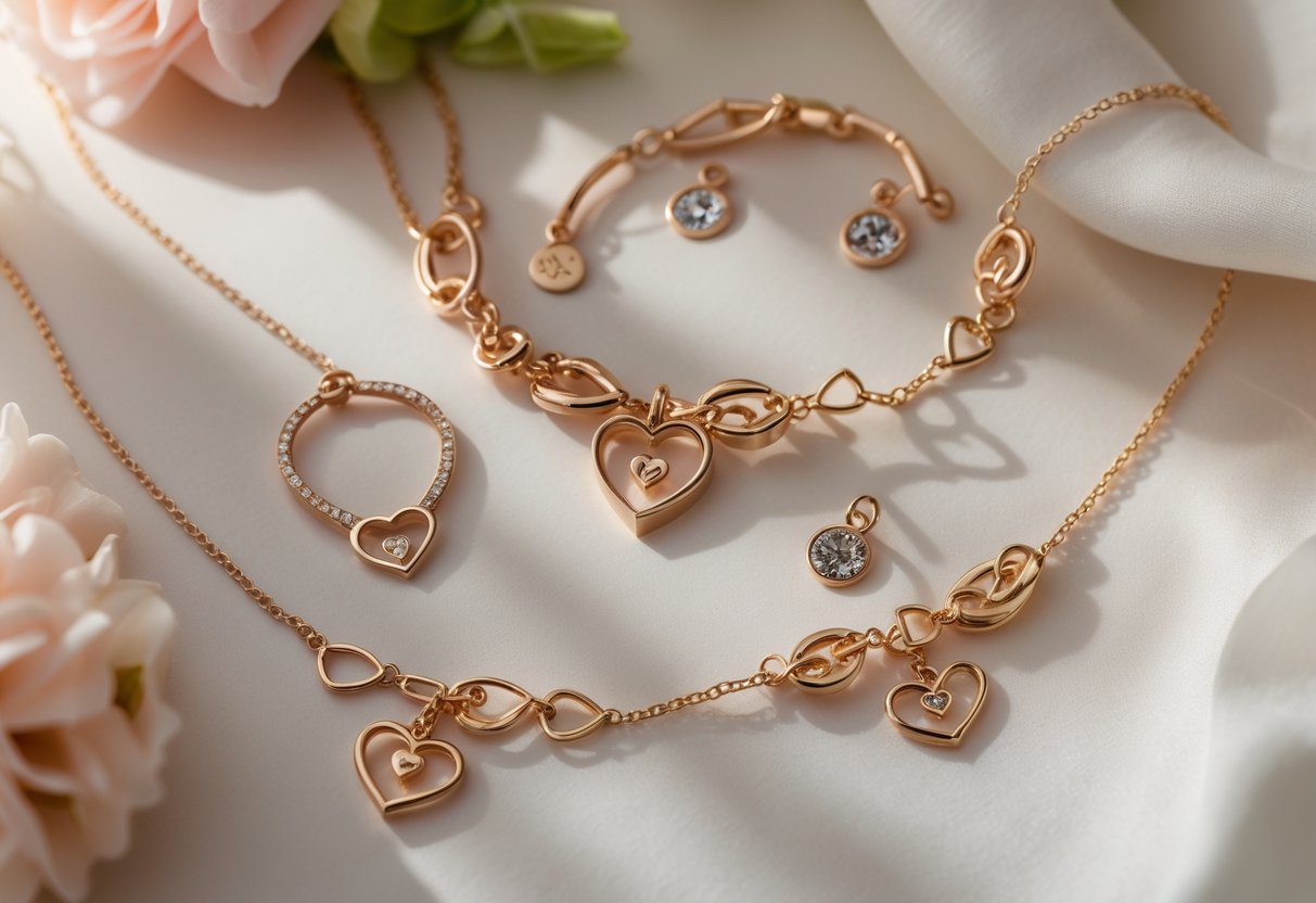 Close-up of elegant jewelry pieces with heart and intertwined designs arranged on a soft background.
