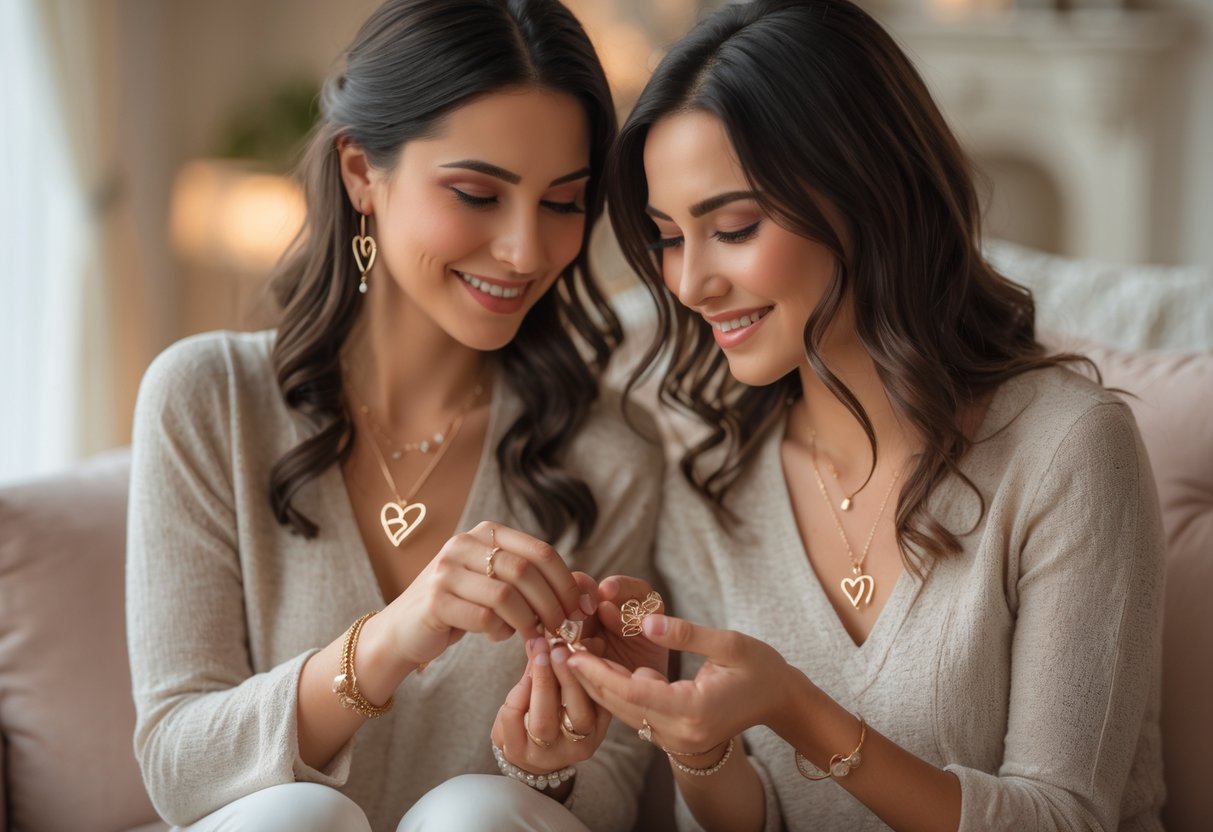 Two women sharing and exchanging meaningful jewelry in a warm, intimate setting.