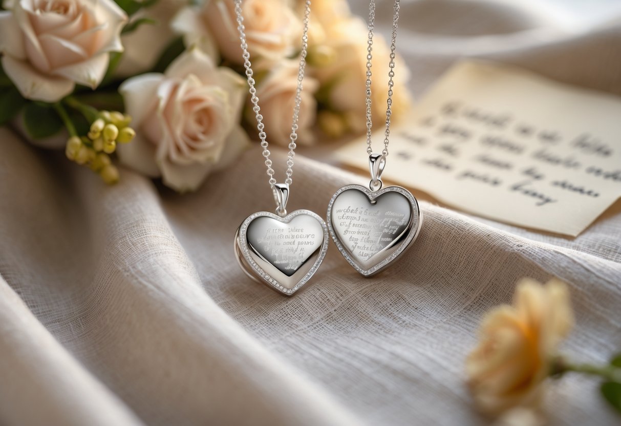 Two heart-shaped silver necklaces resting on soft fabric with flowers and a blurred letter in the background.