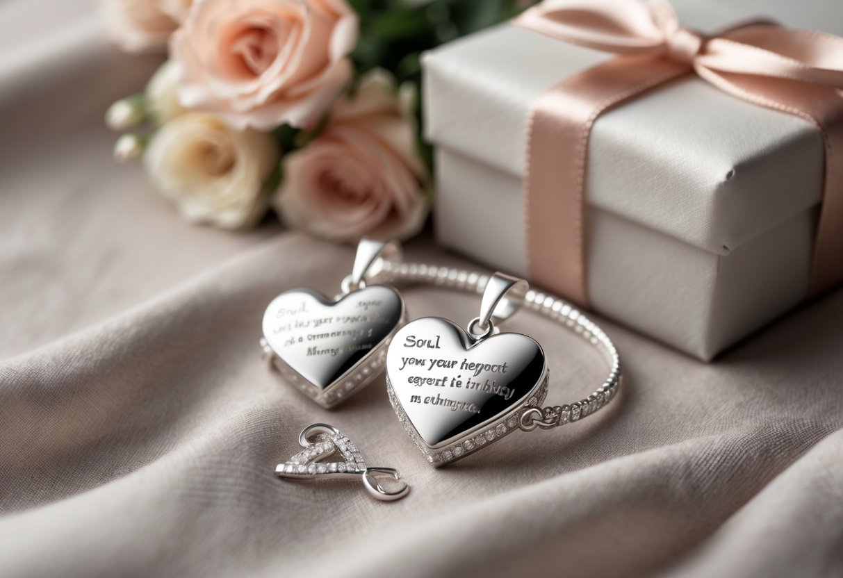 Close-up of heart-shaped pendant and matching bracelet on soft fabric with flowers and a gift box nearby.