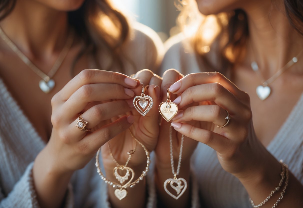 Two women gently holding and admiring meaningful heart-shaped jewelry, symbolizing a close sisterly bond.