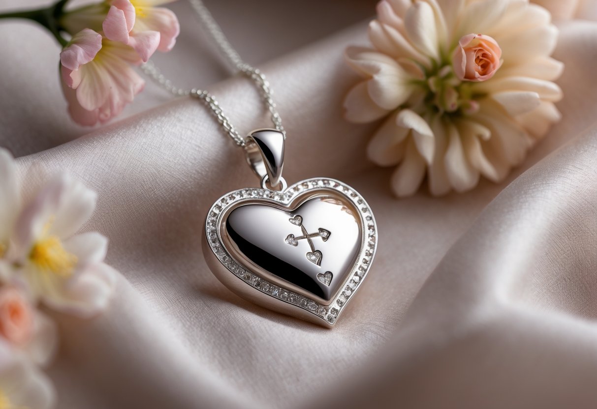 Close-up of a heart-shaped pendant necklace on a soft fabric background with delicate flowers around it.
