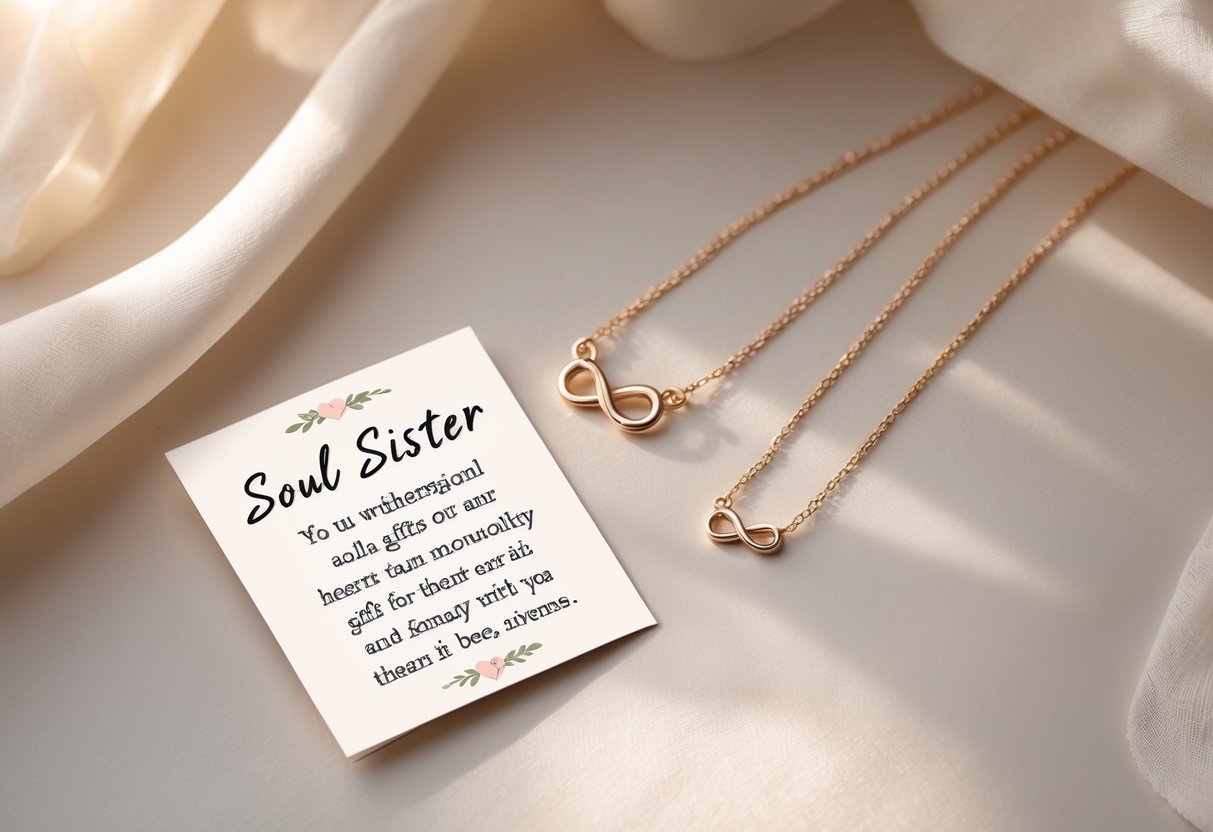 Two matching pieces of jewelry and a small message card arranged together on a soft background.
