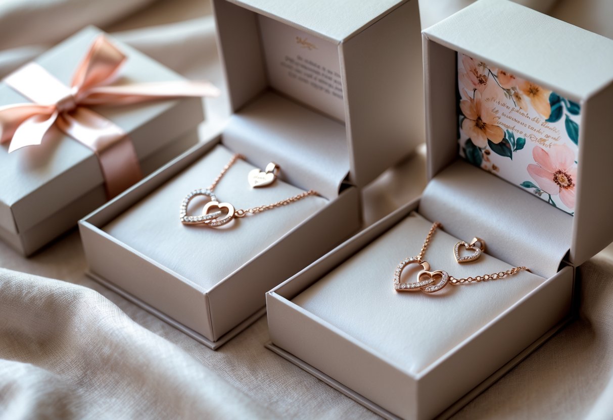 Two open gift boxes displaying matching soul sister jewelry and a decorative message card on a soft fabric surface.
