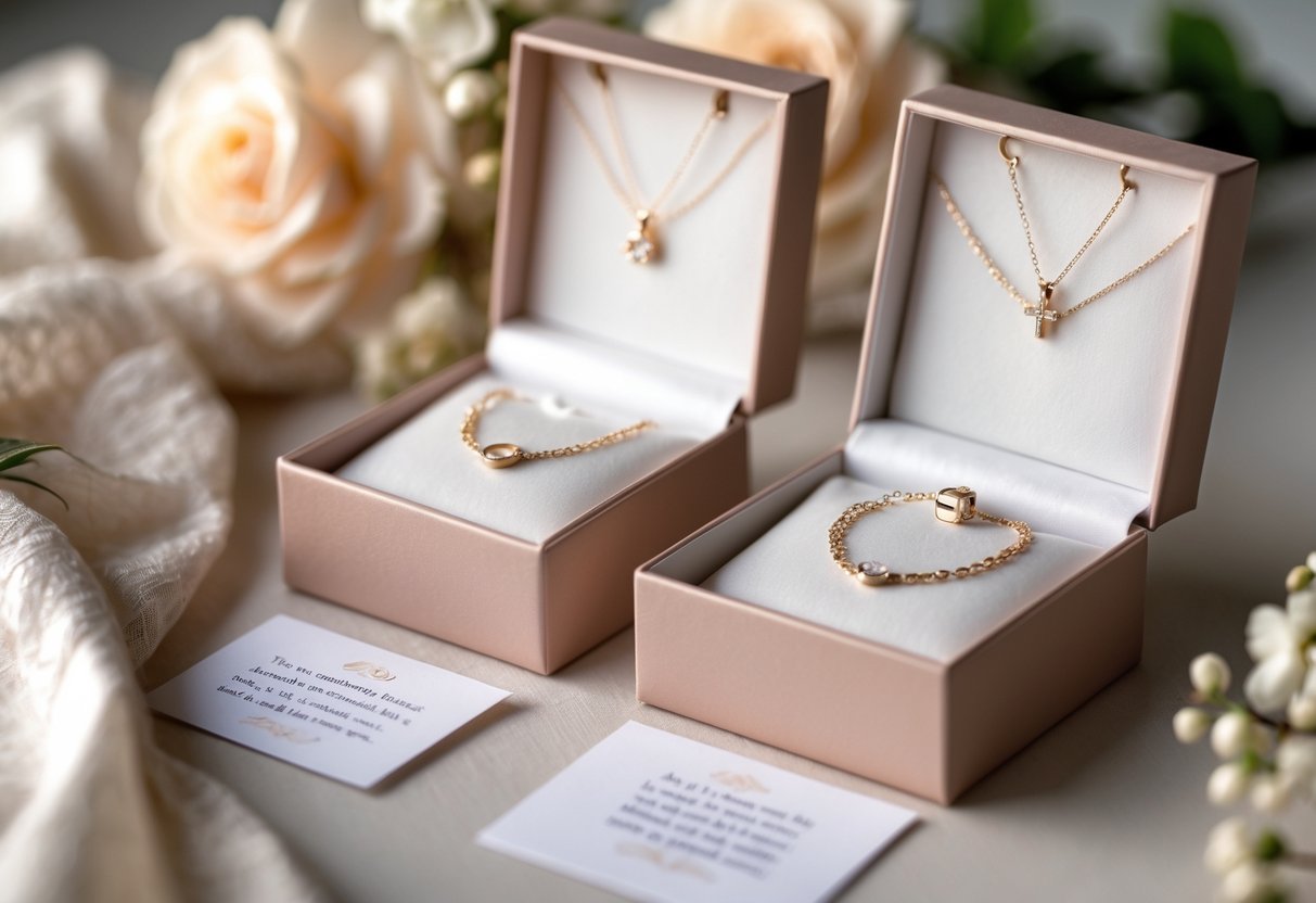 Two jewelry gift boxes with necklaces and small message cards placed on a soft surface with gentle lighting.