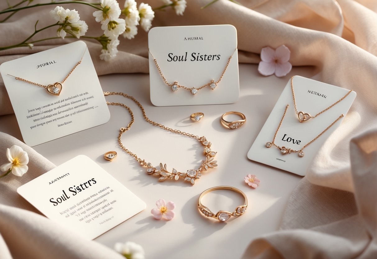 A collection of elegant jewelry pieces arranged with small message cards and flowers on a soft background, representing meaningful gifts between close friends.