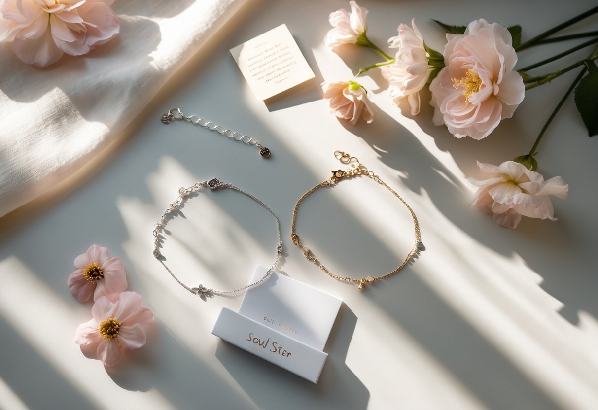 Two matching pieces of jewelry with a small message card arranged on a wooden surface with flowers and soft fabric.
