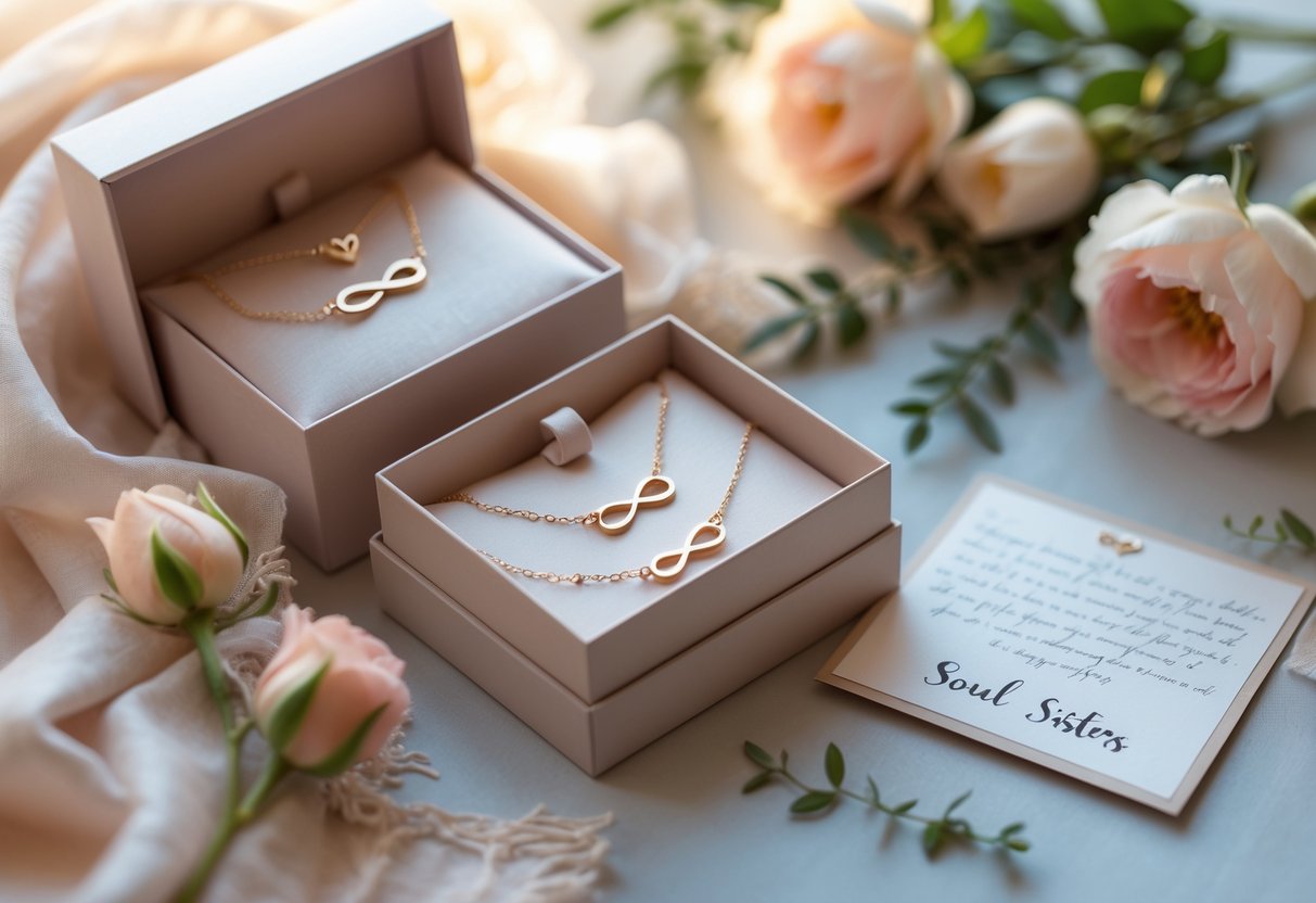 A jewelry gift set with matching necklace and bracelet displayed alongside a handwritten message card, surrounded by flowers and soft fabric.