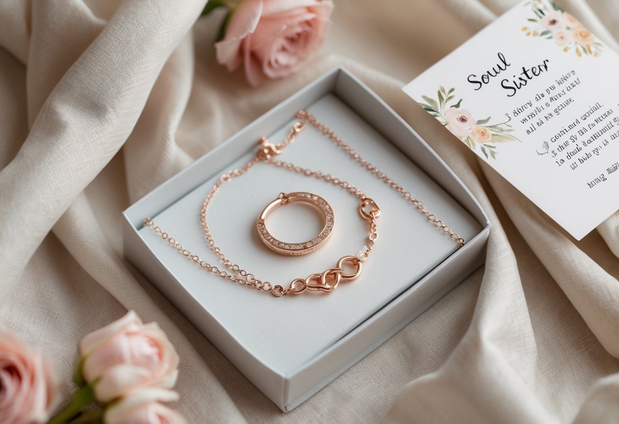 A set of matching bracelets and necklaces displayed next to a folded message card on a soft fabric background, symbolizing a heartfelt gift for a soul sister.