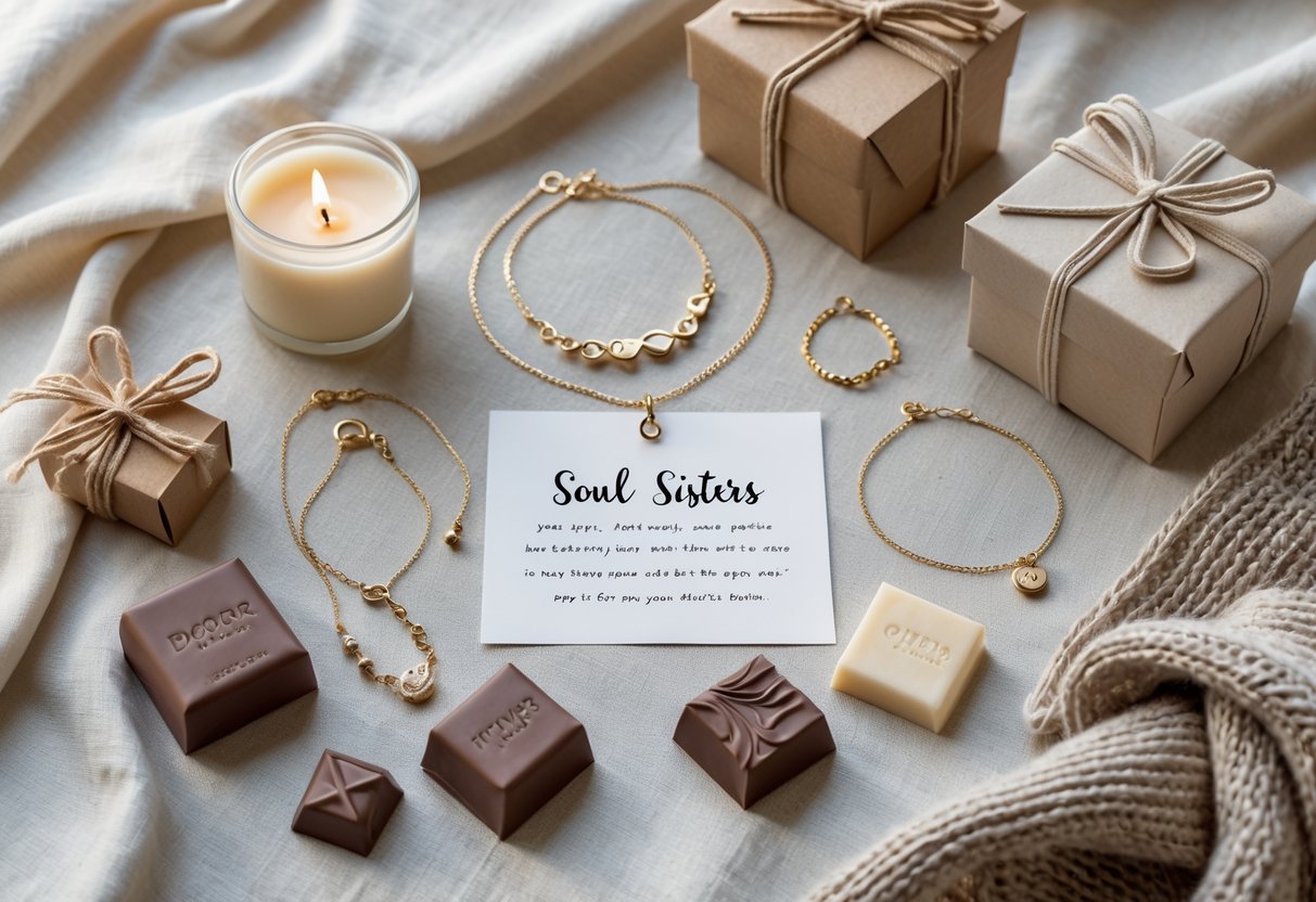 Flat lay of jewelry, candles, chocolates, scarves, and a message card arranged together as thoughtful gifts.