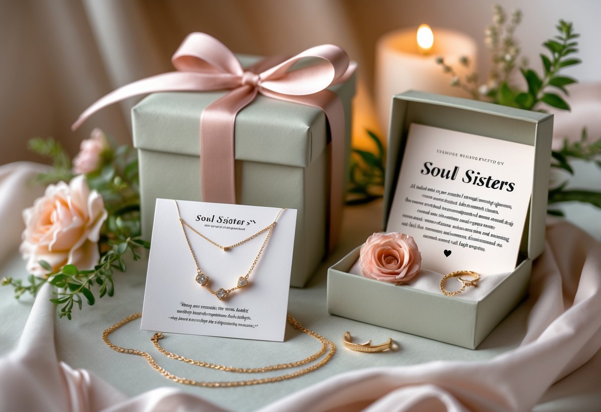 A beautifully arranged gift set with matching jewelry pieces and a decorative message card surrounded by flowers and ribbons.