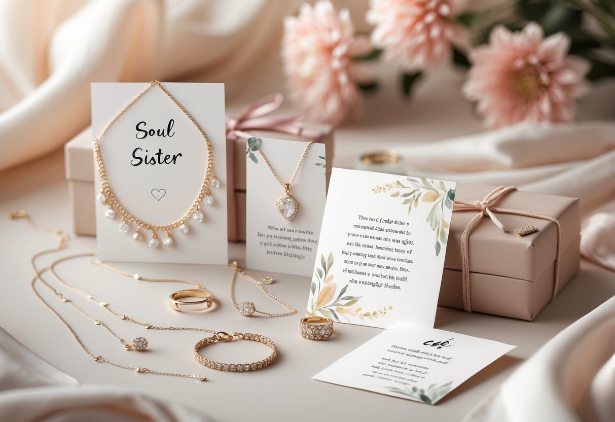 A close-up of jewelry pieces arranged next to decorative message cards on a soft surface.