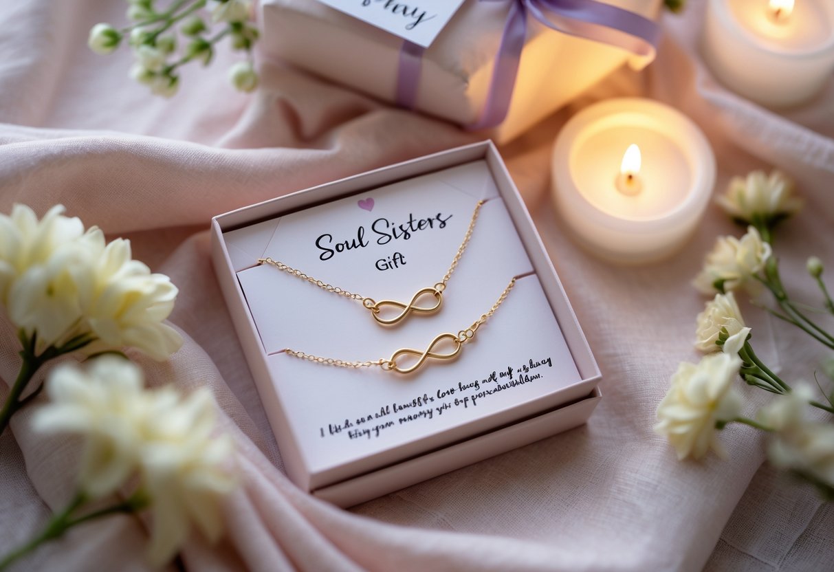 A flat lay of matching jewelry pieces with flowers, a message card, and soft candlelight arranged on pastel fabric, symbolizing a heartfelt gift for close friends.