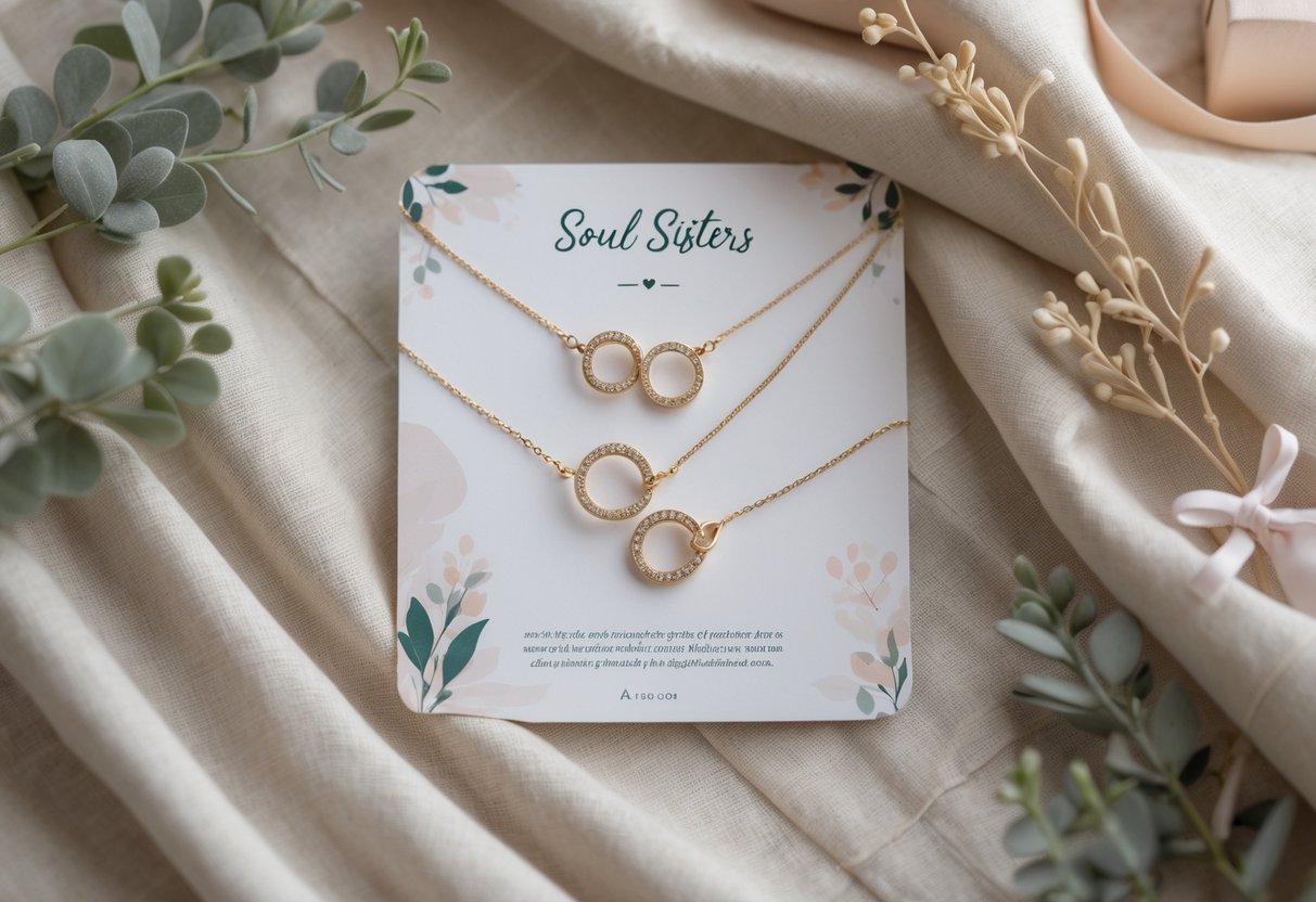 Flat lay of matching jewelry pieces and a decorative message card arranged on a soft fabric background with greenery accents.