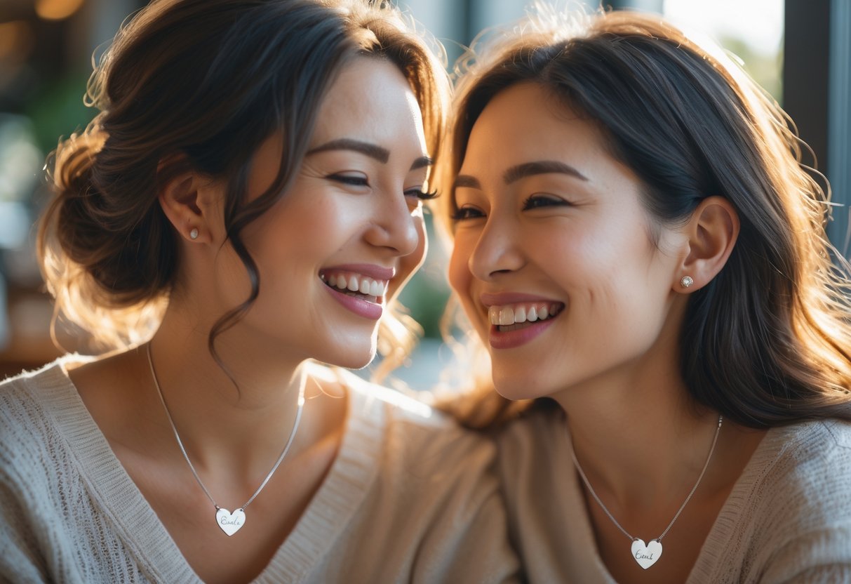 Two women smiling warmly at each other, wearing matching personalized necklaces that symbolize their close friendship.