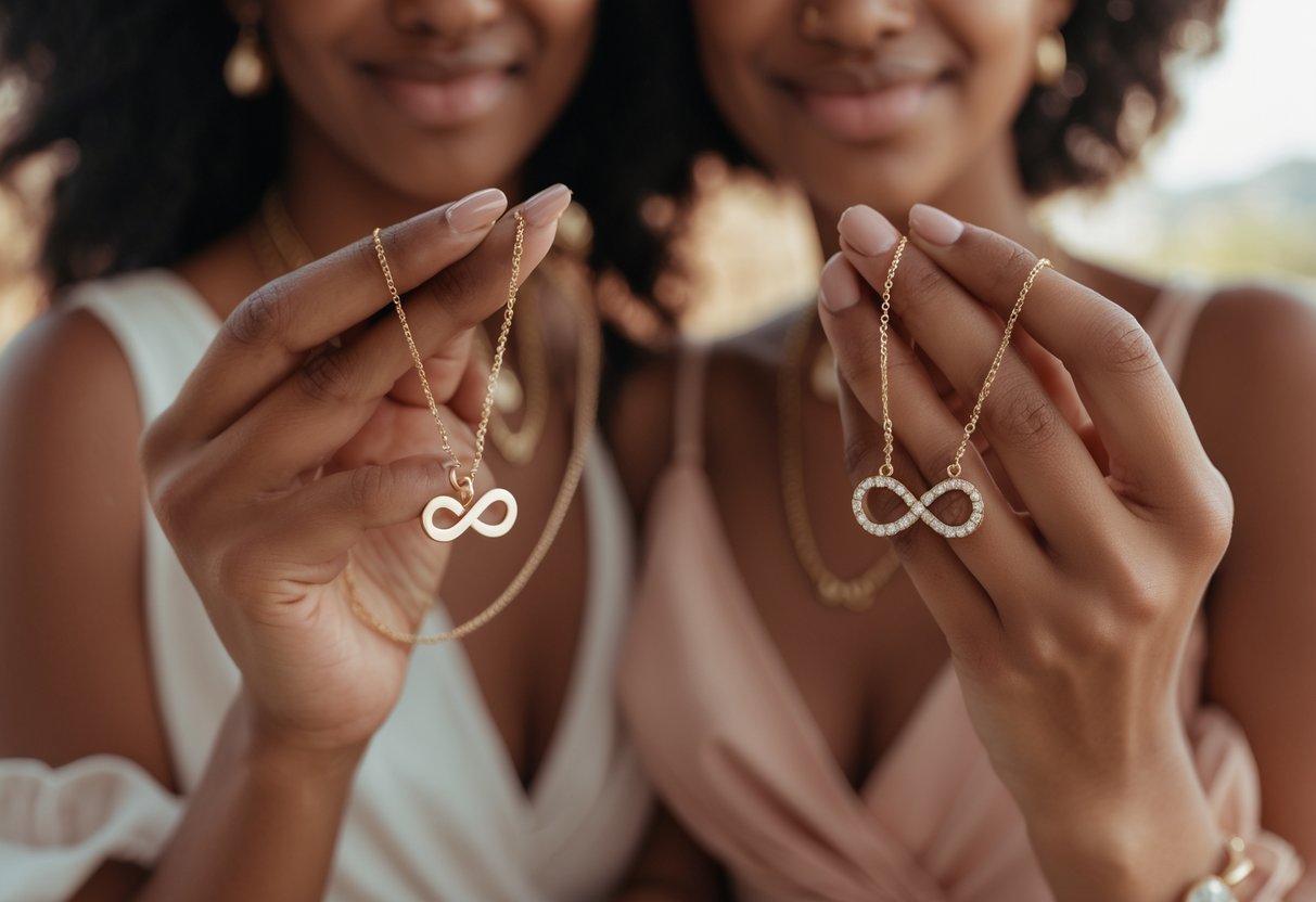 Two women holding matching soul sister necklaces, showing their hands and the jewelry in a warm, intimate setting.
