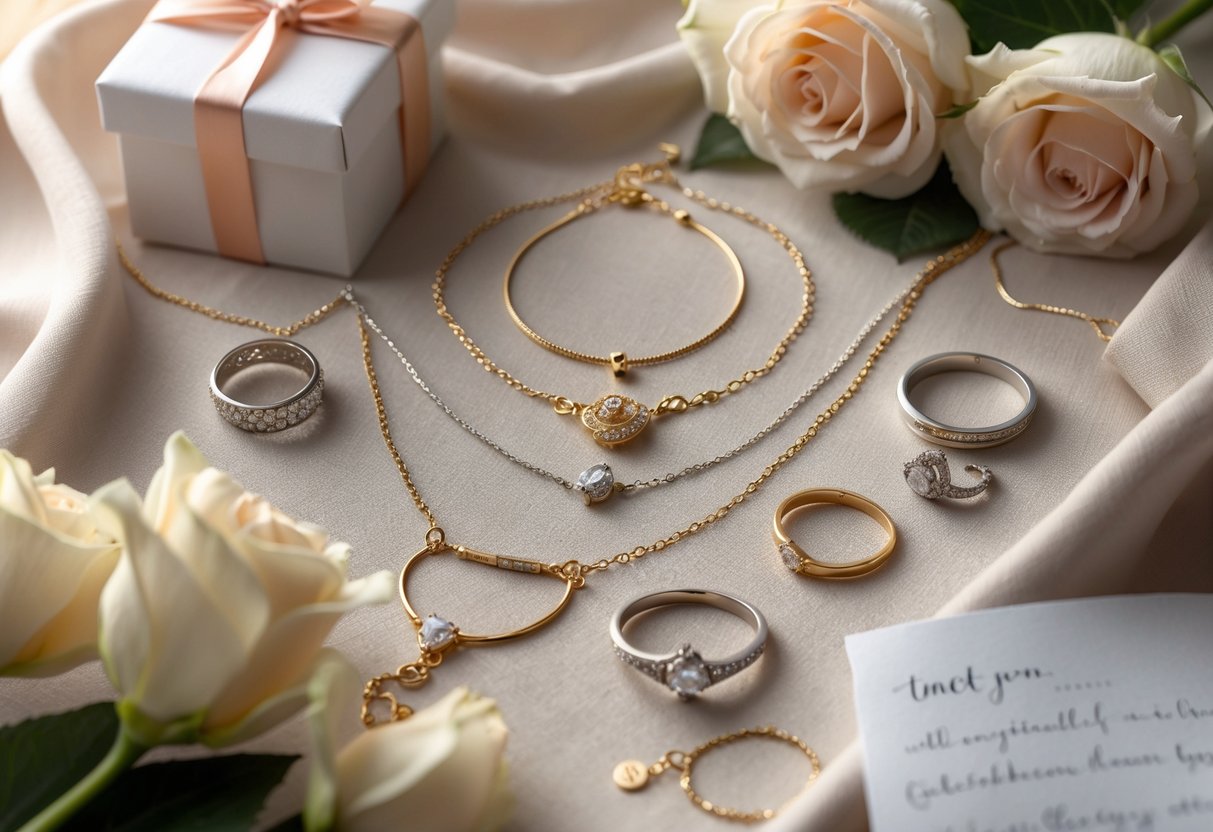 An elegant display of gold and silver jewelry including necklaces, bracelets, and rings arranged with flowers and a gift box on a soft fabric background.
